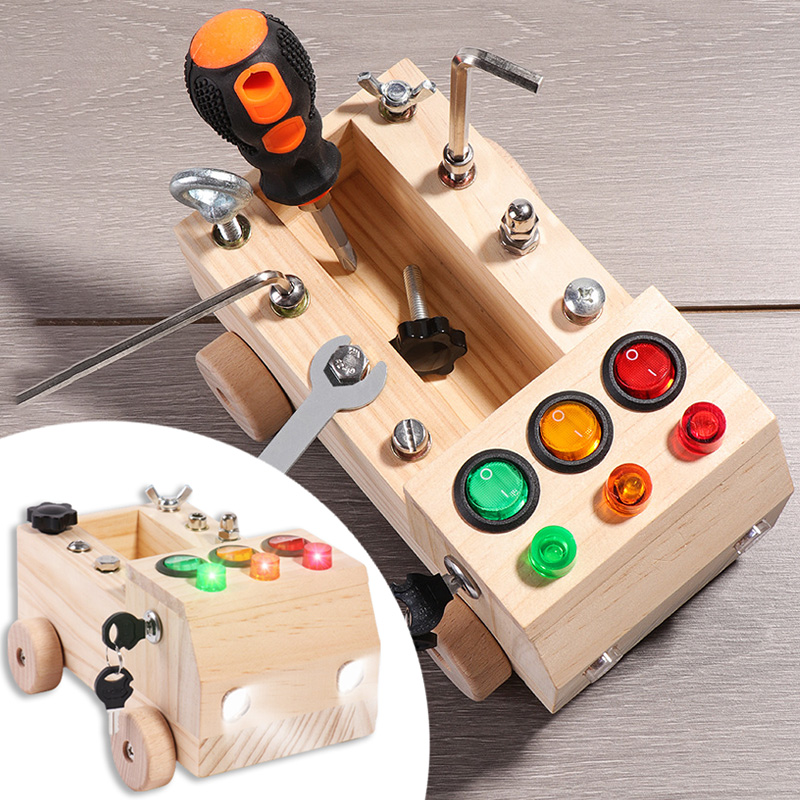 Board Game Review - 木製モンテッソーリビジーボード感覚おもちゃスイッチコントロールボックスLEDライトツールカートネジゲーム早期学習おもちゃ2-4歳用